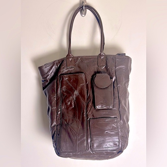 Dark Chocolate Brown Patchwork Lambskin Leather Vintage Travel Tote Bag - Picture 1 of 15
